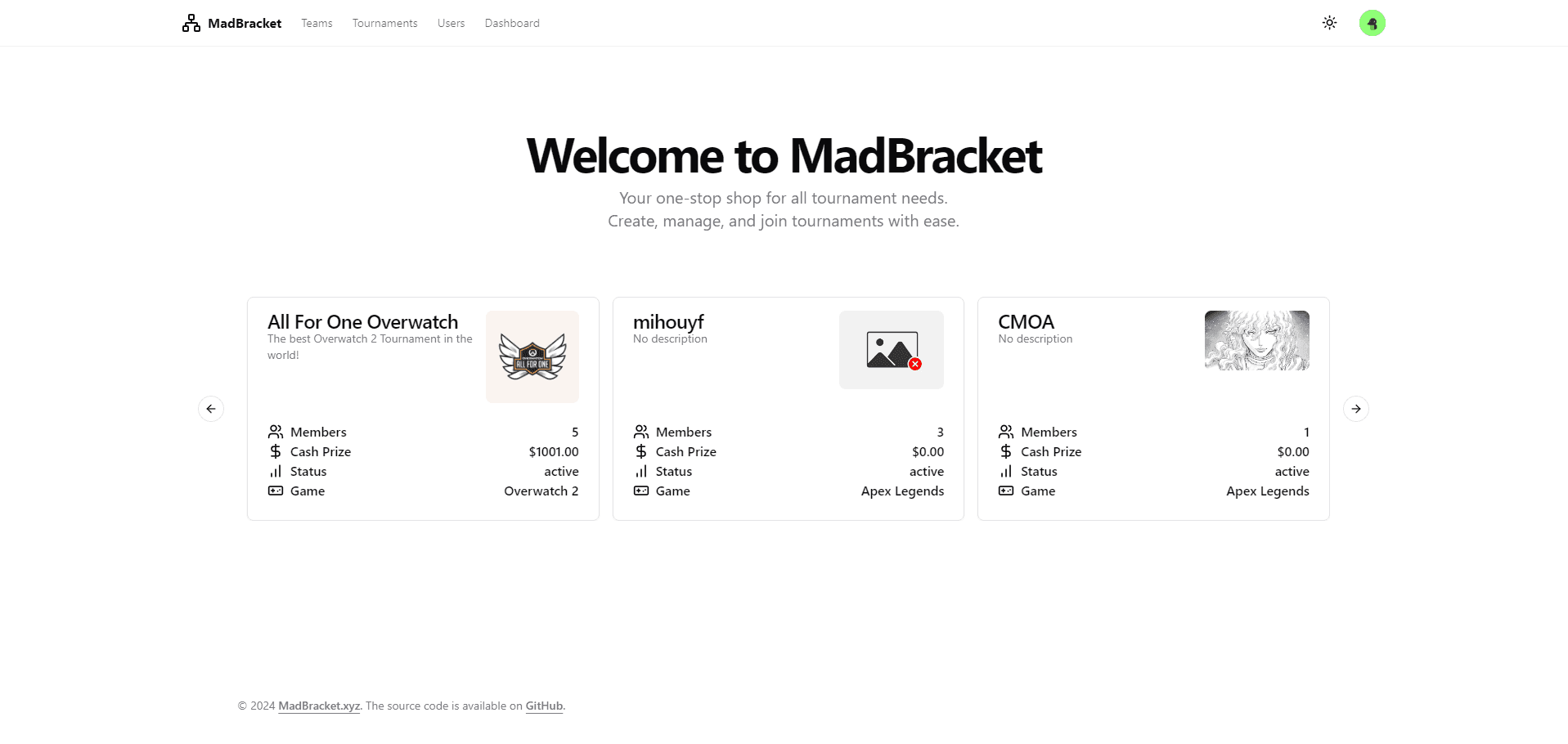 Capture d'écran de la plateforme MadBracket